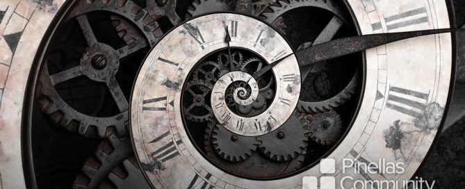 Abstract spiraling clock shows eternal wait for inspiration.