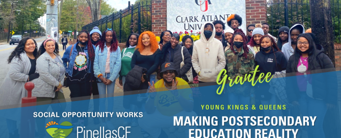 Young Kings & Queens students gather in front of Clark Atlanta University for a campus tour.