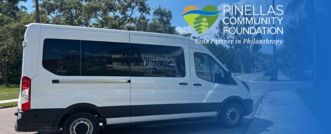 White sprinter van with text that reads Tampa Bay Watch. Image overlayed with blue gradient featuring Pinellas Community Foundation logo