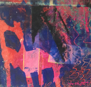 Abstract painting of a chair in shades or blue, pink, purple, black, titled Carnaval by Lynn Foskett Pierson, 2018.